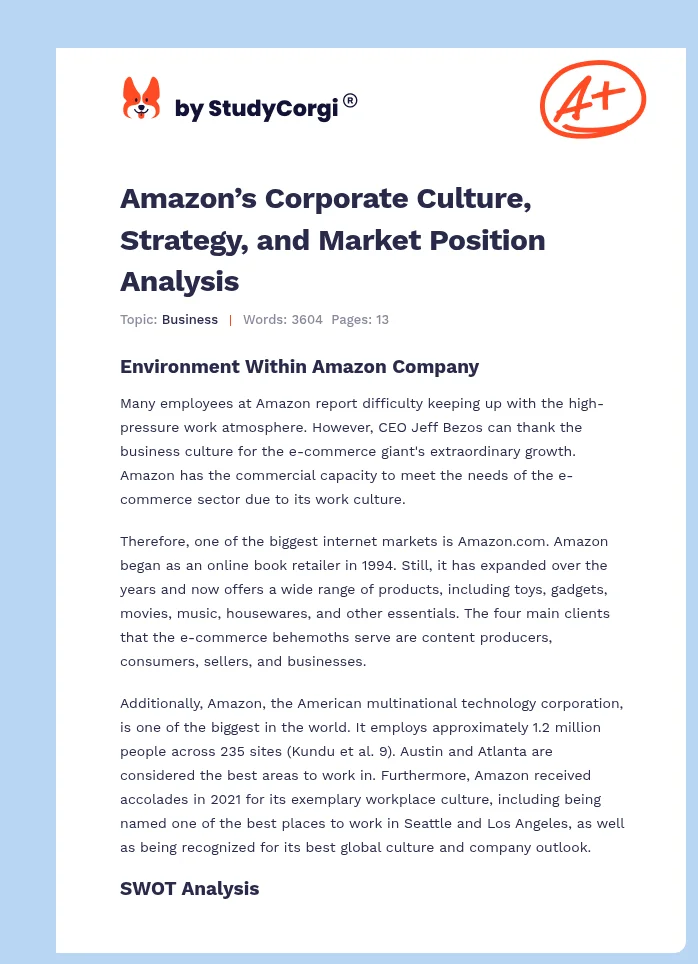 Amazon’s Corporate Culture, Strategy, and Market Position Analysis. Page 1