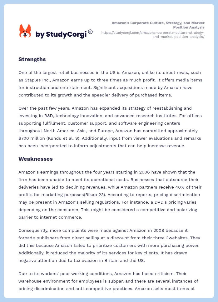 Amazon’s Corporate Culture, Strategy, and Market Position Analysis. Page 2