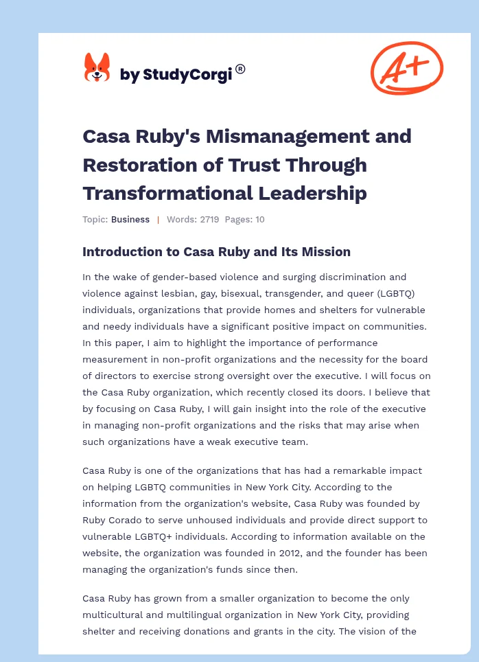 Casa Ruby's Mismanagement and Restoration of Trust Through Transformational Leadership. Page 1