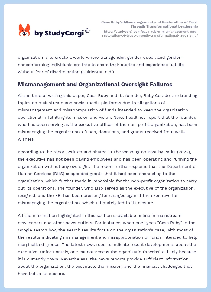 Casa Ruby's Mismanagement and Restoration of Trust Through Transformational Leadership. Page 2