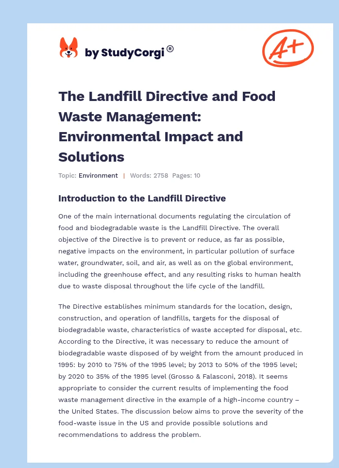 The Landfill Directive and Food Waste Management: Environmental Impact and Solutions. Page 1