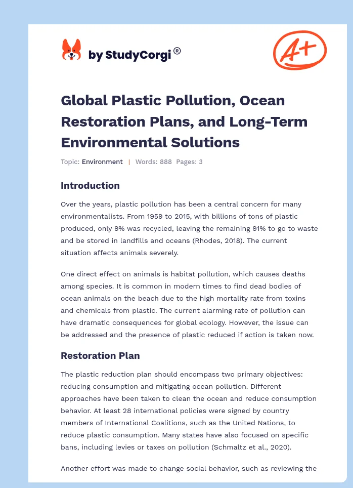 Global Plastic Pollution, Ocean Restoration Plans, and Long-Term Environmental Solutions. Page 1