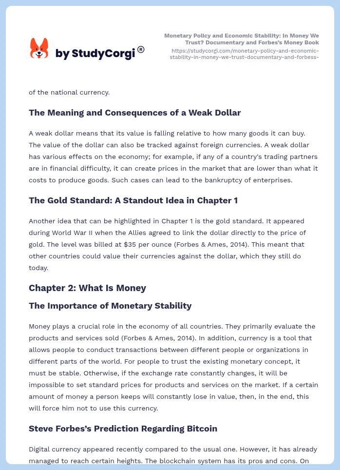 Monetary Policy and Economic Stability: In Money We Trust? Documentary and Forbes’s Money Book. Page 2