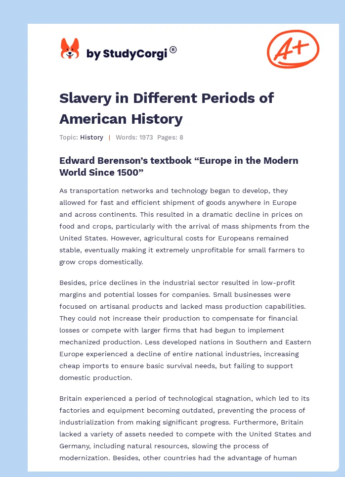 Slavery in Different Periods of American History. Page 1