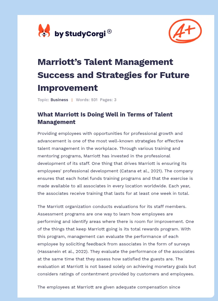 Marriott’s Talent Management Success and Strategies for Future Improvement. Page 1