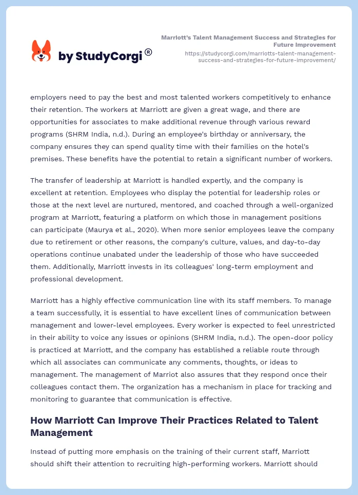 Marriott’s Talent Management Success and Strategies for Future Improvement. Page 2