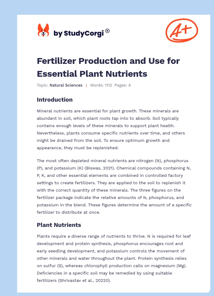 Fertilizer Production and Use for Essential Plant Nutrients. Page 1