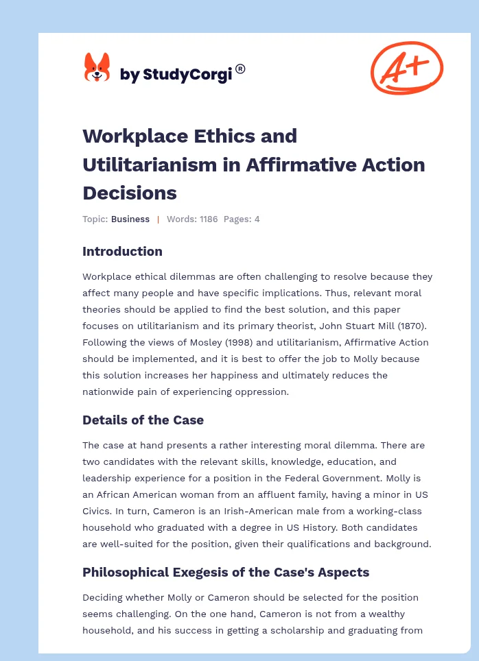 Workplace Ethics and Utilitarianism in Affirmative Action Decisions. Page 1