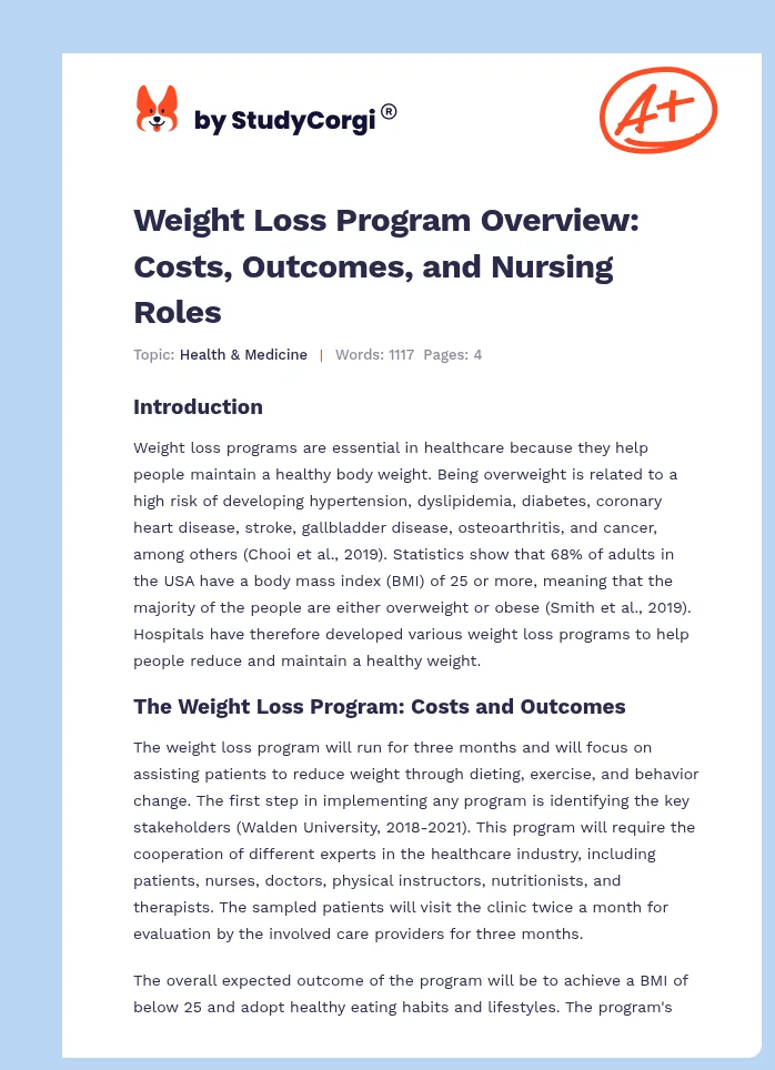 Weight Loss Program Overview: Costs, Outcomes, and Nursing Roles. Page 1