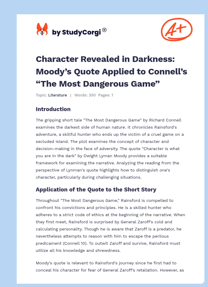 Character Revealed in Darkness: Moody’s Quote Applied to Connell’s “The Most Dangerous Game”. Page 1