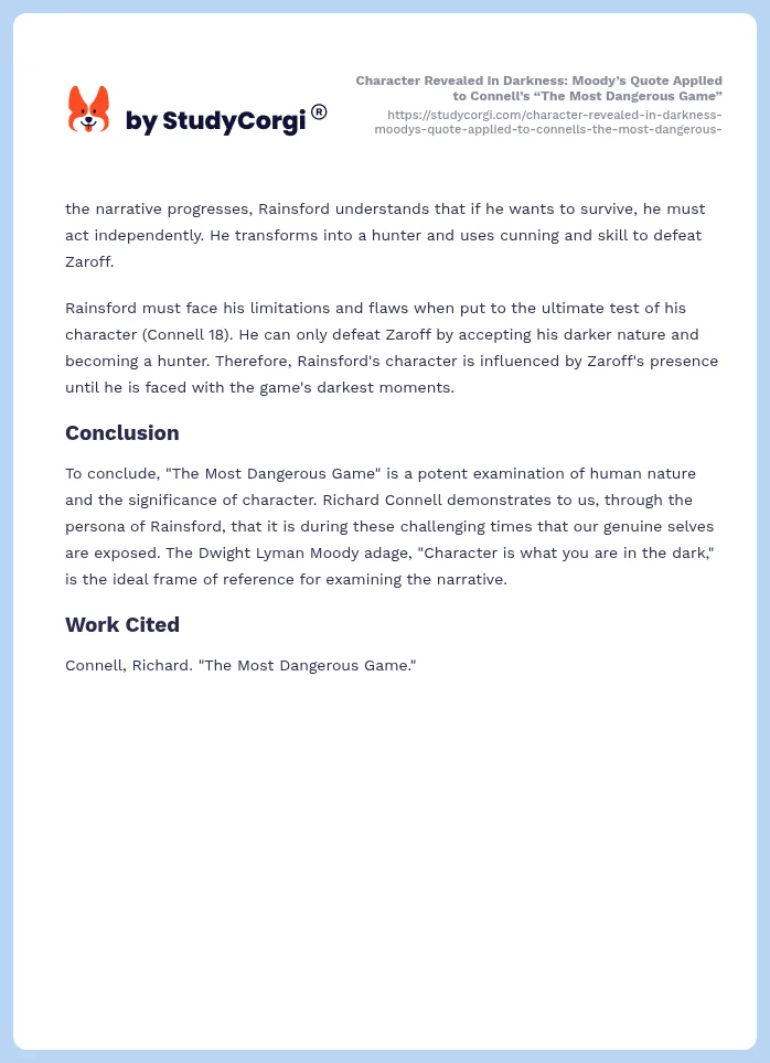 Character Revealed in Darkness: Moody’s Quote Applied to Connell’s “The Most Dangerous Game”. Page 2