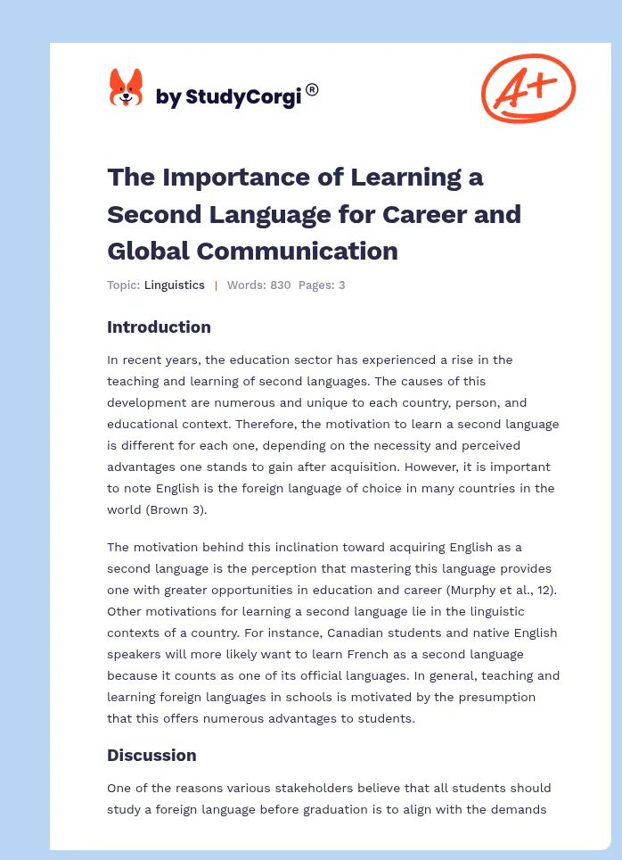 The Importance of Learning a Second Language for Career and Global Communication. Page 1