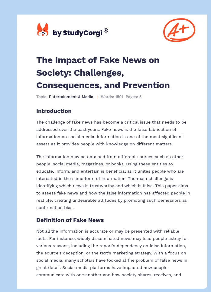 The Impact of Fake News on Society: Challenges, Consequences, and Prevention. Page 1