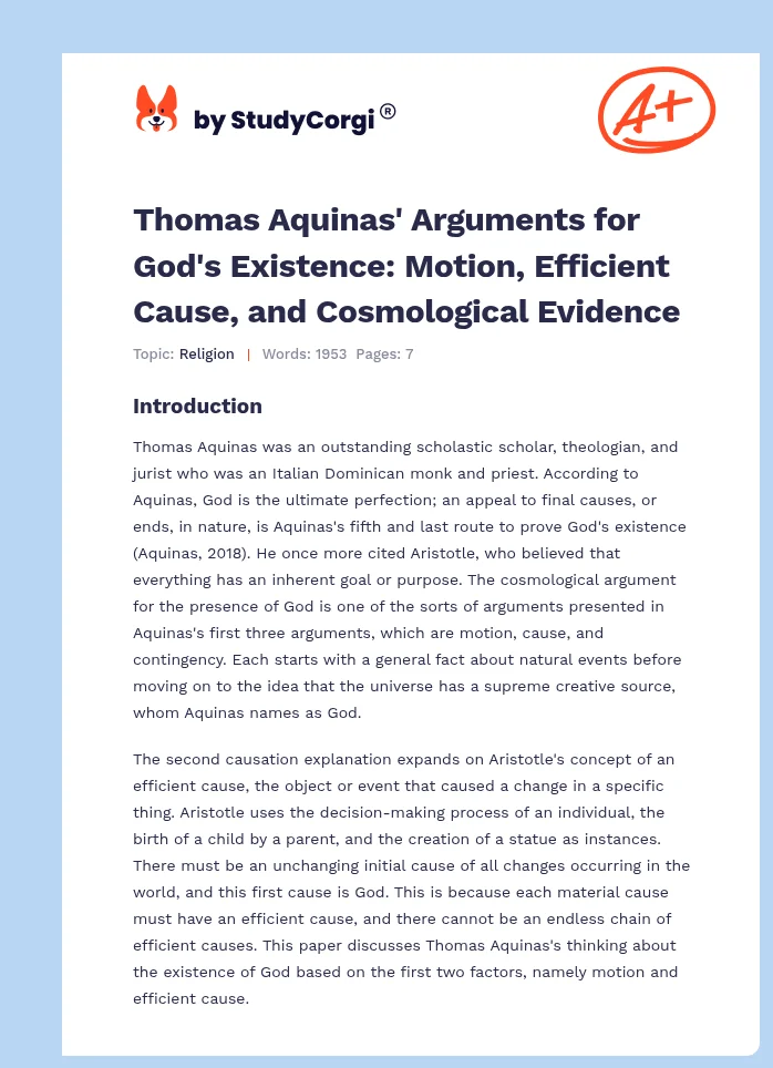 Thomas Aquinas' Arguments for God's Existence: Motion, Efficient Cause, and Cosmological Evidence. Page 1
