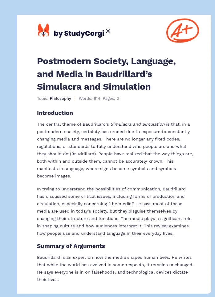 Postmodern Society, Language, and Media in Baudrillard’s Simulacra and Simulation. Page 1