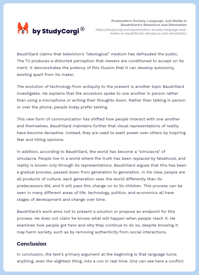 Postmodern Society, Language, and Media in Baudrillard’s Simulacra and Simulation. Page 2