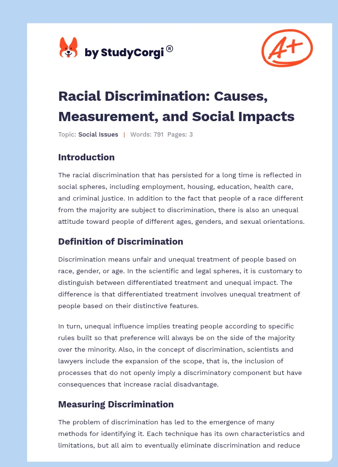 Racial Discrimination: Causes, Measurement, and Social Impacts. Page 1