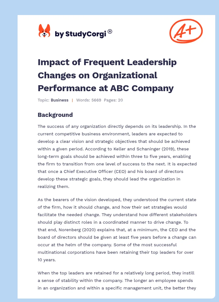 Impact of Frequent Leadership Changes on Organizational Performance at ABC Company. Page 1