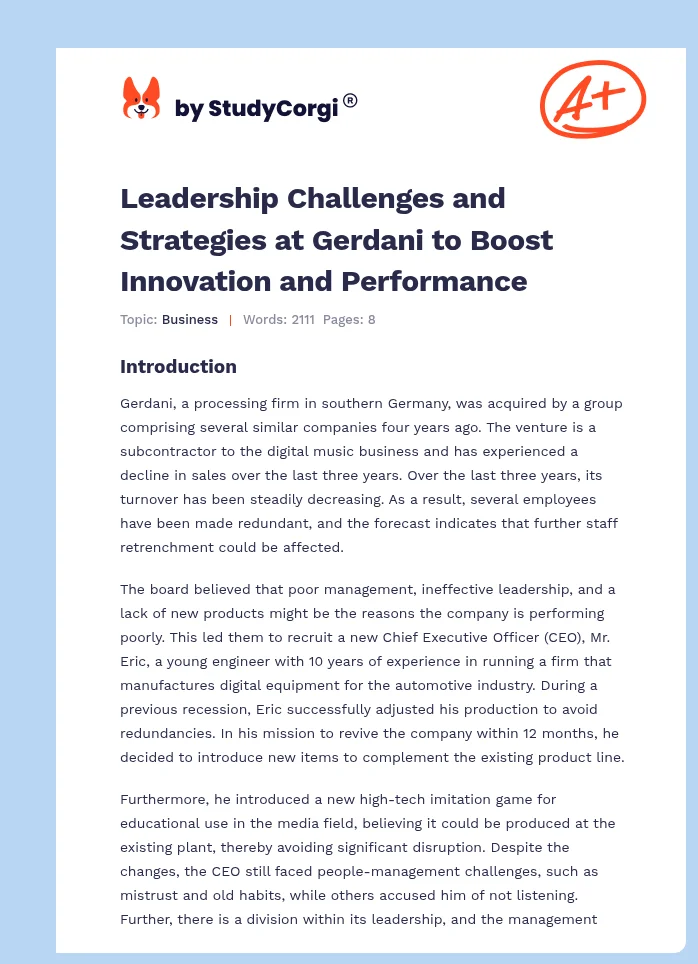 Leadership Challenges and Strategies at Gerdani to Boost Innovation and Performance. Page 1