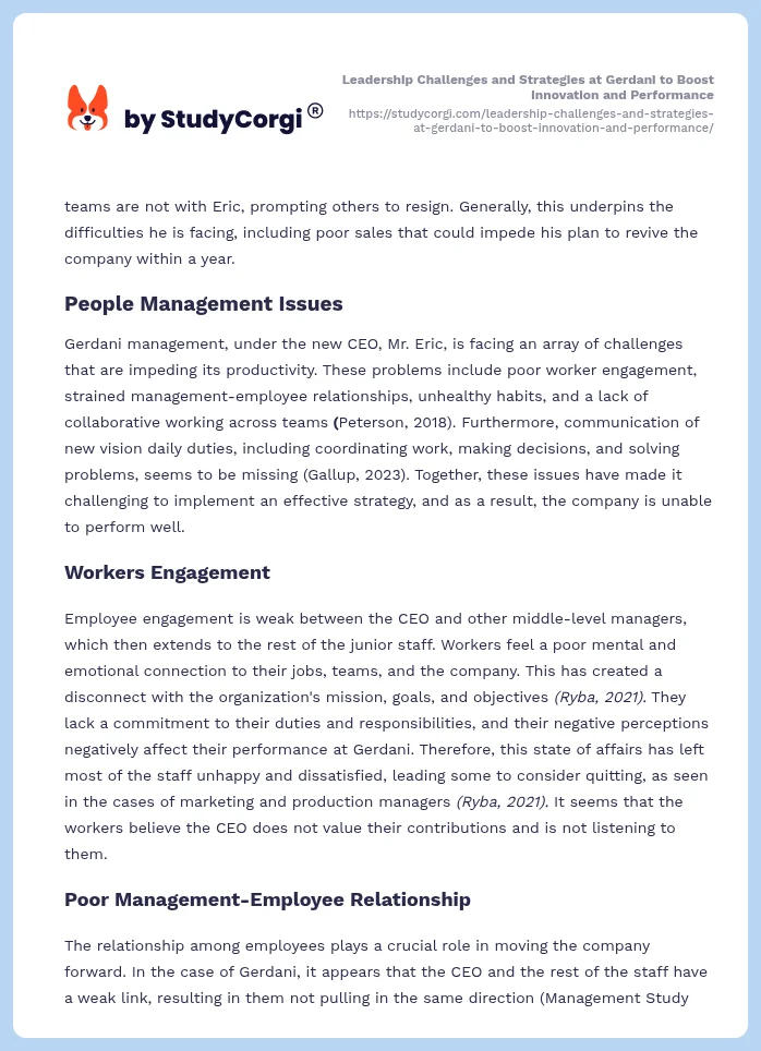 Leadership Challenges and Strategies at Gerdani to Boost Innovation and Performance. Page 2