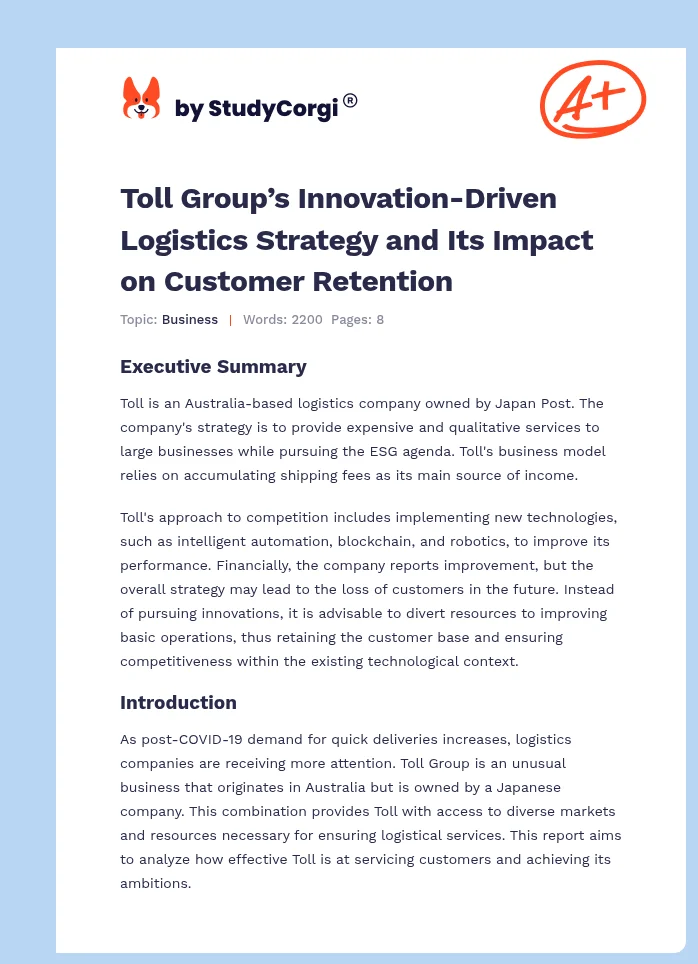 Toll Group’s Innovation-Driven Logistics Strategy and Its Impact on Customer Retention. Page 1