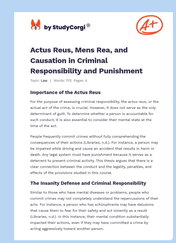 Actus Reus, Mens Rea, and Causation in Criminal Responsibility and Punishment. Page 1