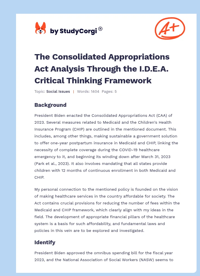 The Consolidated Appropriations Act Analysis Through the I.D.E.A. Critical Thinking Framework. Page 1