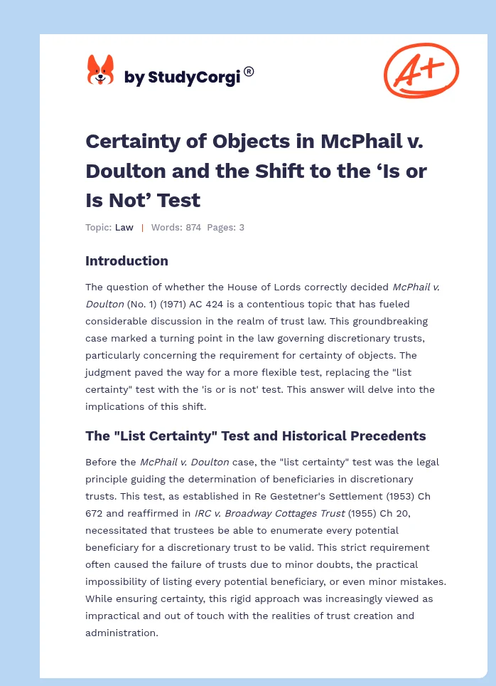 Certainty of Objects in McPhail v. Doulton and the Shift to the ‘Is or Is Not’ Test. Page 1