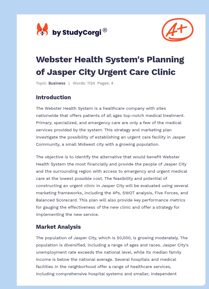 Webster Health System's Planning of Jasper City Urgent Care Clinic. Page 1