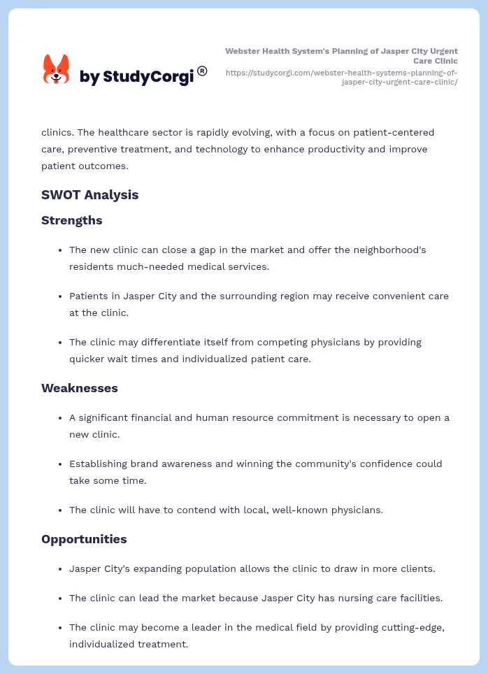 Webster Health System's Planning of Jasper City Urgent Care Clinic. Page 2