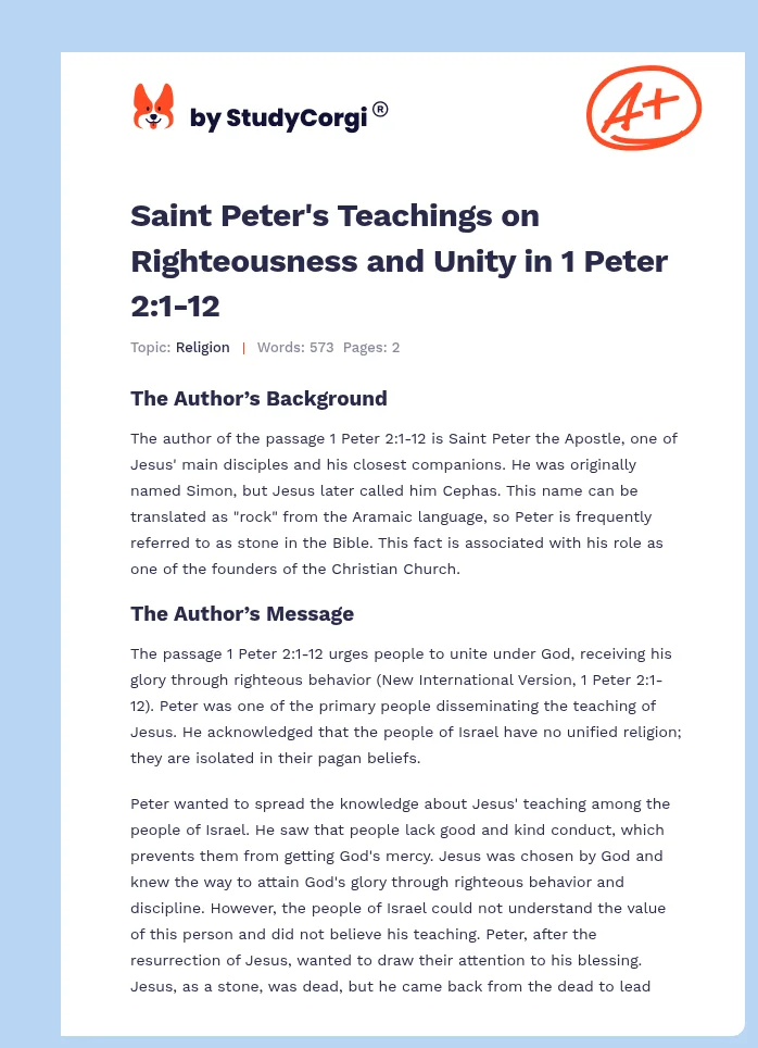 Saint Peter's Teachings on Righteousness and Unity in 1 Peter 2:1-12. Page 1