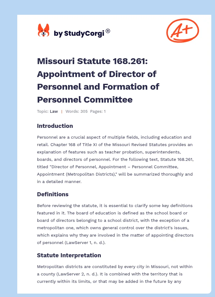Missouri Statute 168.261: Appointment of Director of Personnel and Formation of Personnel Committee. Page 1