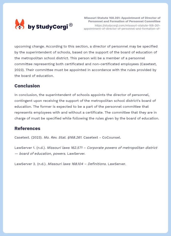 Missouri Statute 168.261: Appointment of Director of Personnel and Formation of Personnel Committee. Page 2