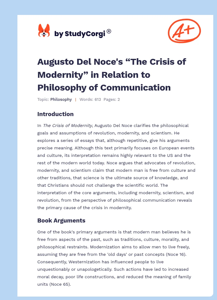 Augusto Del Noce's “The Crisis of Modernity” in Relation to Philosophy of Communication. Page 1