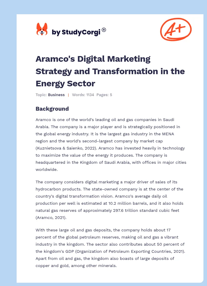 Aramco's Digital Marketing Strategy and Transformation in the Energy Sector. Page 1