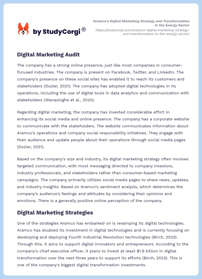 Aramco's Digital Marketing Strategy and Transformation in the Energy Sector. Page 2