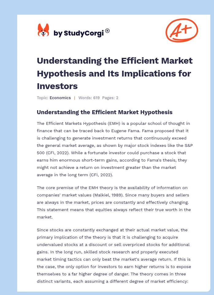 Understanding the Efficient Market Hypothesis and Its Implications for Investors. Page 1