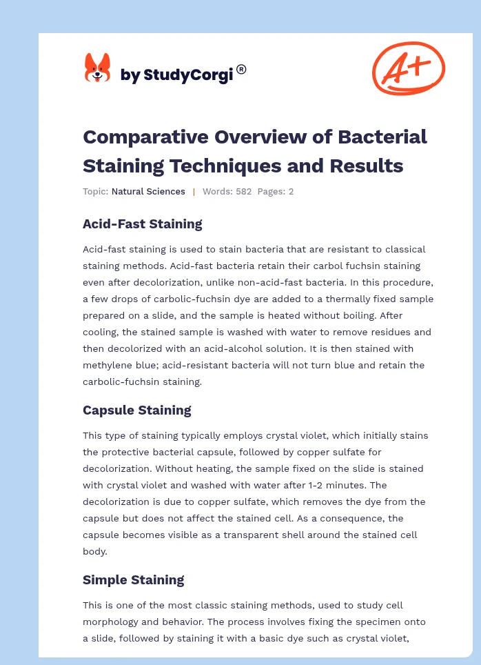 Comparative Overview of Bacterial Staining Techniques and Results. Page 1