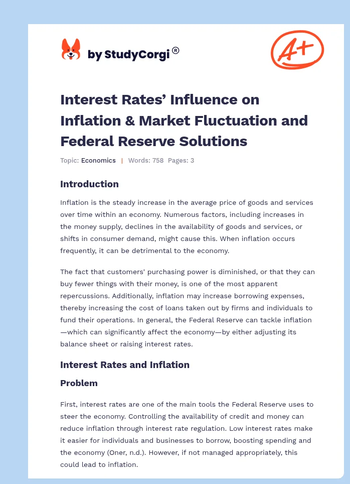 Interest Rates’ Influence on Inflation & Market Fluctuation and Federal Reserve Solutions. Page 1