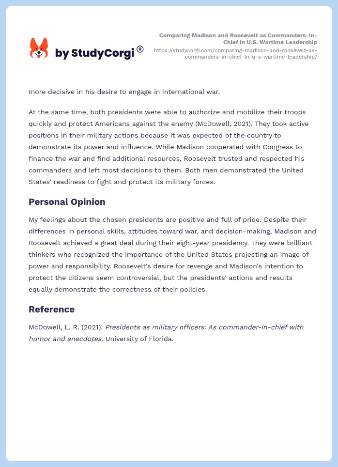 Comparing Madison and Roosevelt as Commanders-in-Chief in U.S. Wartime Leadership. Page 2