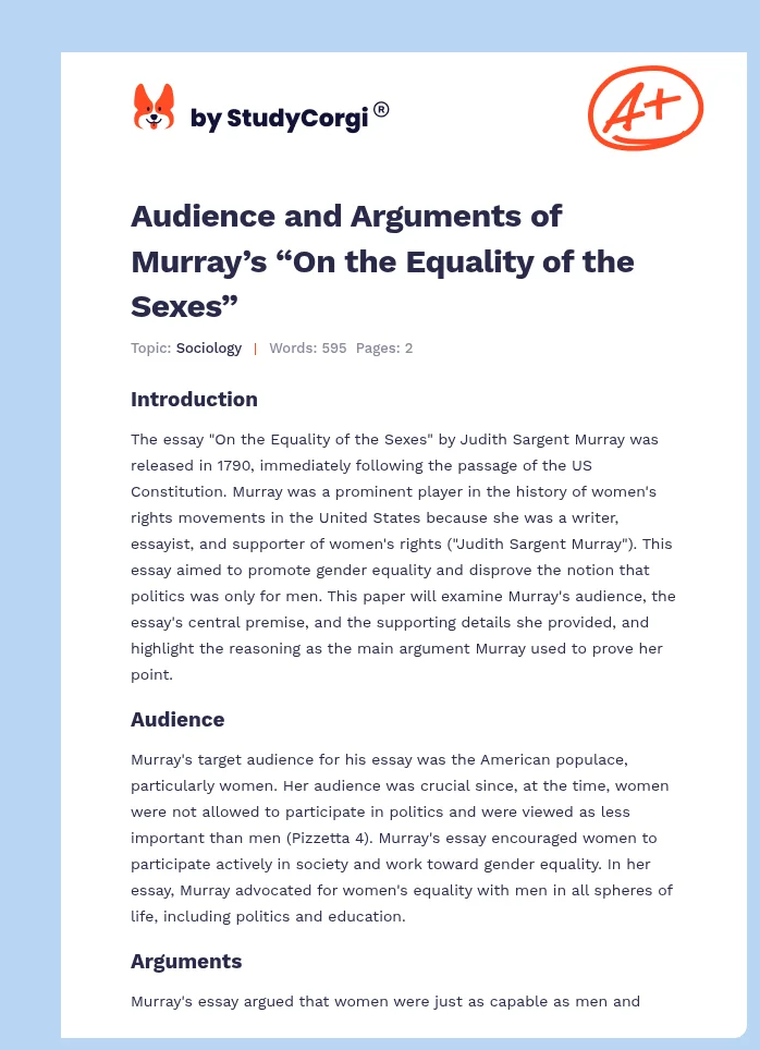 Audience and Arguments of Murray’s “On the Equality of the Sexes”. Page 1