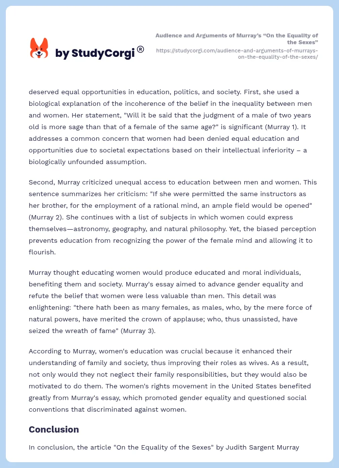 Audience and Arguments of Murray’s “On the Equality of the Sexes”. Page 2