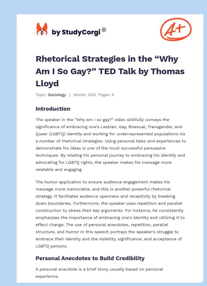 Rhetorical Strategies in the “Why Am I So Gay?” TED Talk by Thomas Lloyd. Page 1