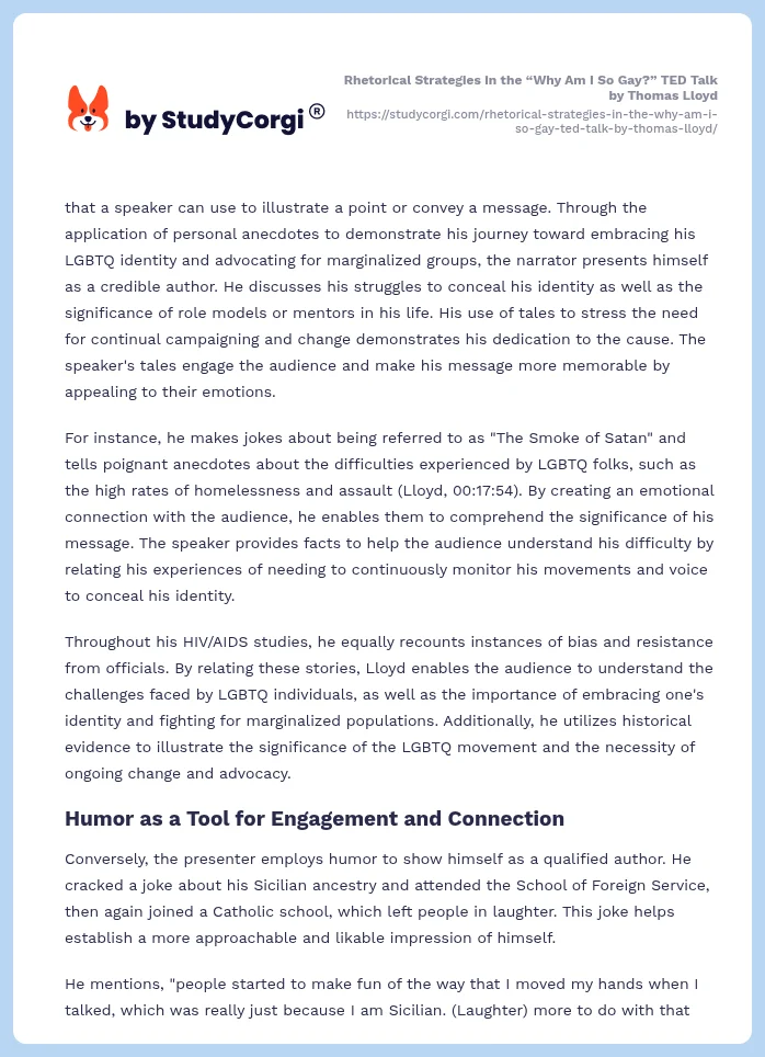 Rhetorical Strategies in the “Why Am I So Gay?” TED Talk by Thomas Lloyd. Page 2