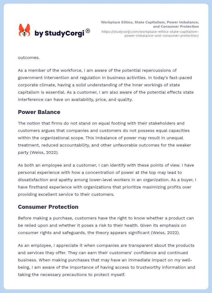 Workplace Ethics, State Capitalism, Power Imbalance, and Consumer Protection. Page 2