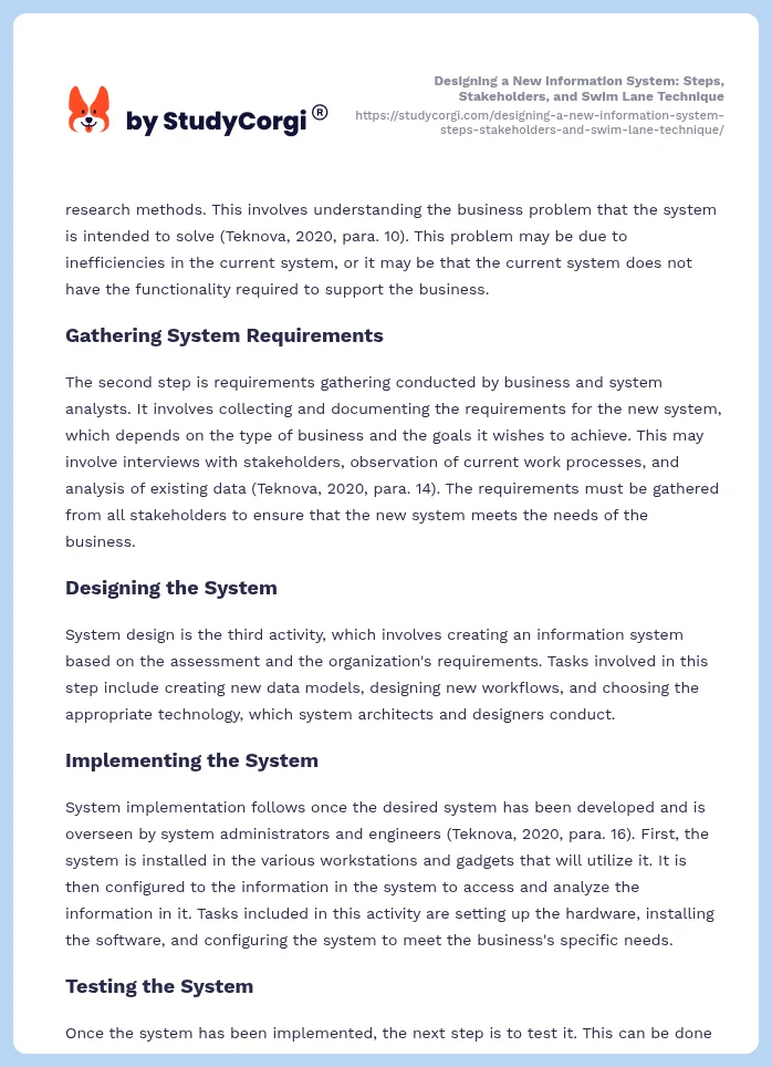 Designing a New Information System: Steps, Stakeholders, and Swim Lane Technique. Page 2