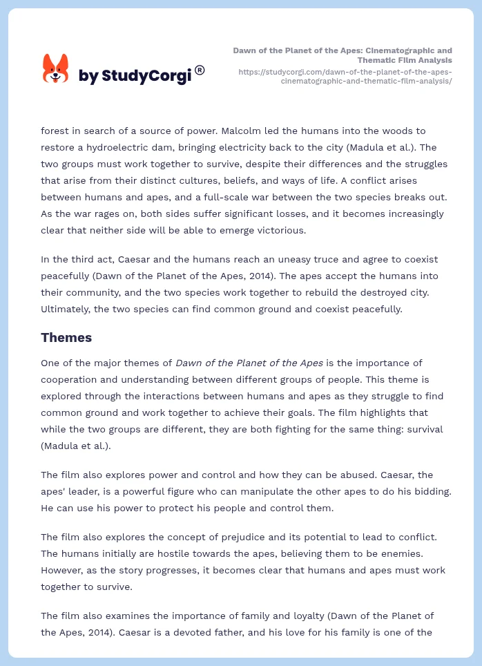 Dawn of the Planet of the Apes: Cinematographic and Thematic Film Analysis. Page 2