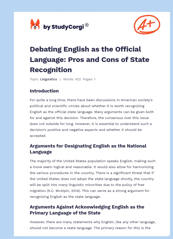 Debating English as the Official Language: Pros and Cons of State Recognition. Page 1