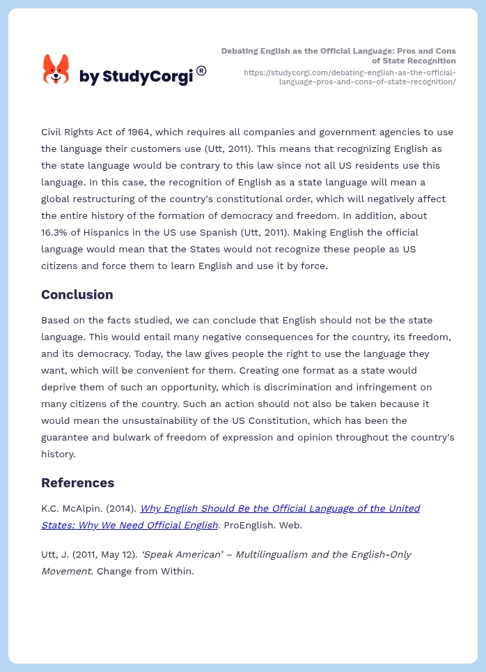 Debating English as the Official Language: Pros and Cons of State Recognition. Page 2