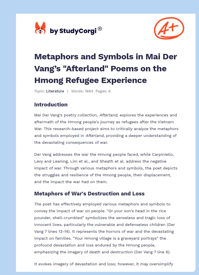 Metaphors and Symbols in Mai Der Vang’s "Afterland" Poems on the Hmong Refugee Experience. Page 1
